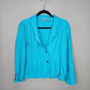 Chicos Womens 1 Silk Linen Blazer Embroidered Lightweight Lagenlook Jacket Blue
